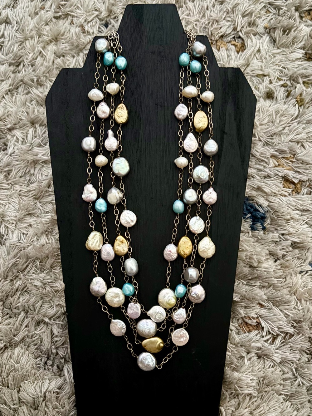Multi-Strand Pastel Pearl and Gold Accent Necklace